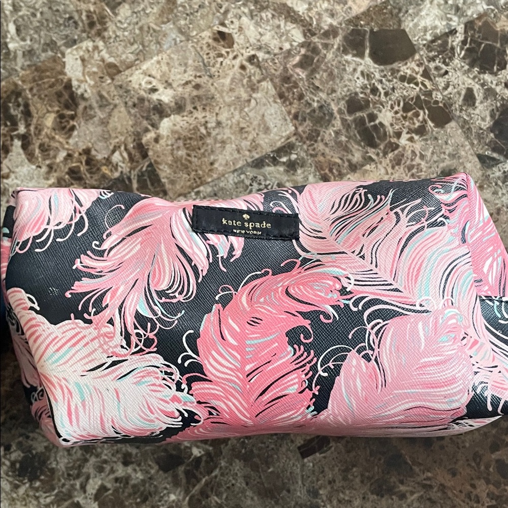 Kate Spade Pink and Black Feather Cosmetic Bag